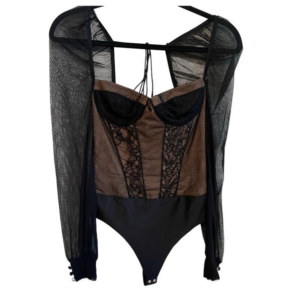 Cami NYC Lilith Long Sleeve Mesh Lace Corset Thong Bodysuit Black Size 4 - Picture 3 of 10